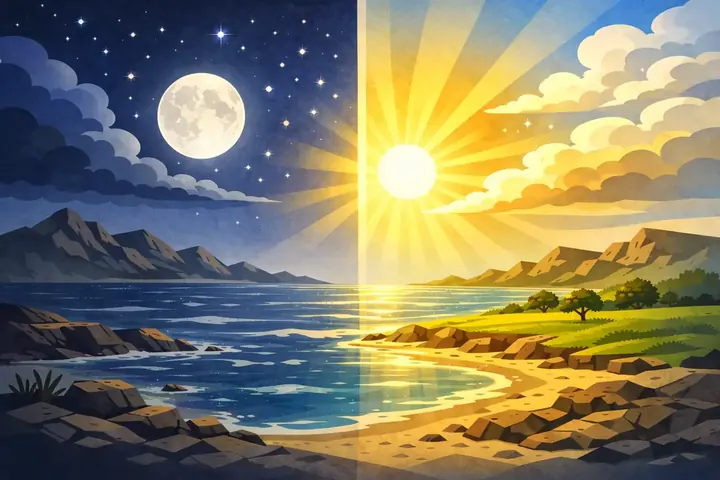Illustration of the sun, moon and stars