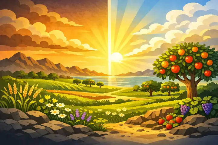 Illustration of plants and fruit trees on the third day