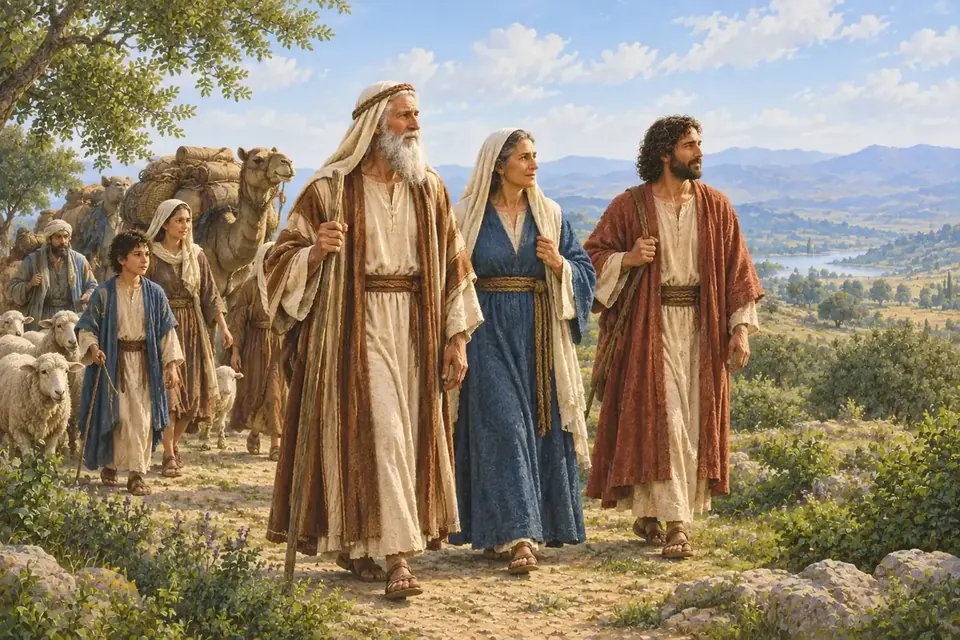 A family setting out on a journey across the hills of Canaan