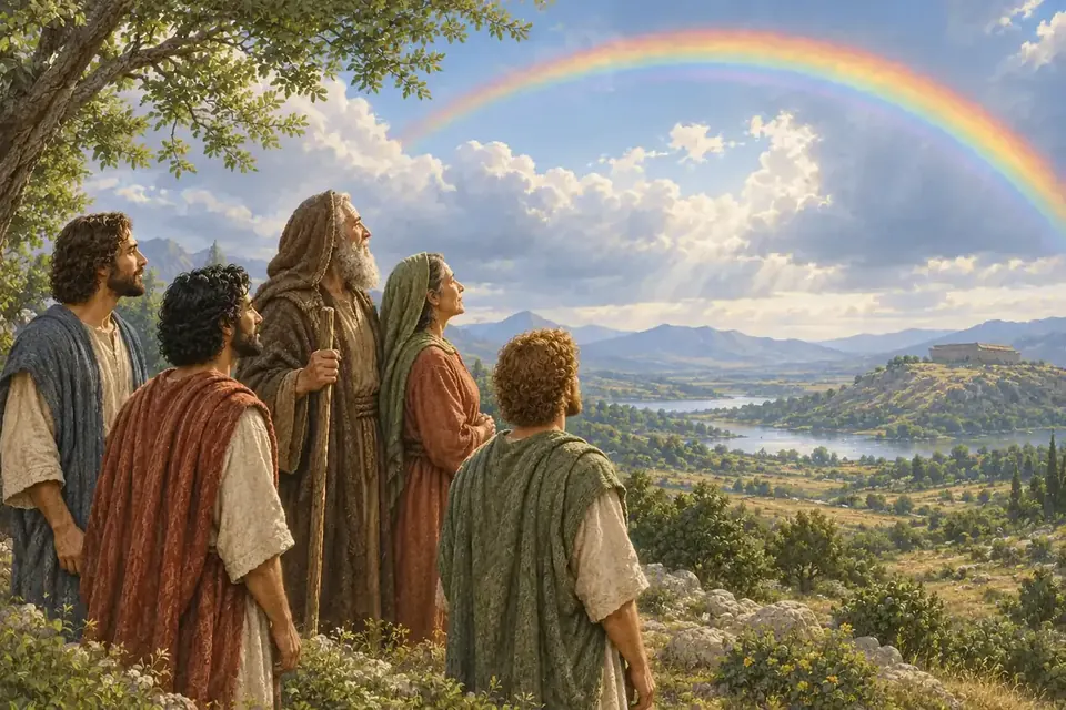 Noah and his family beneath a rainbow after the flood