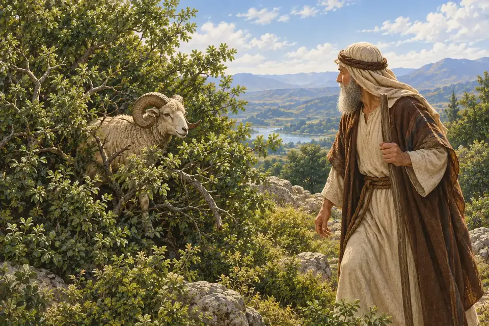 Avraham seeing a ram caught in a thicket by its horns