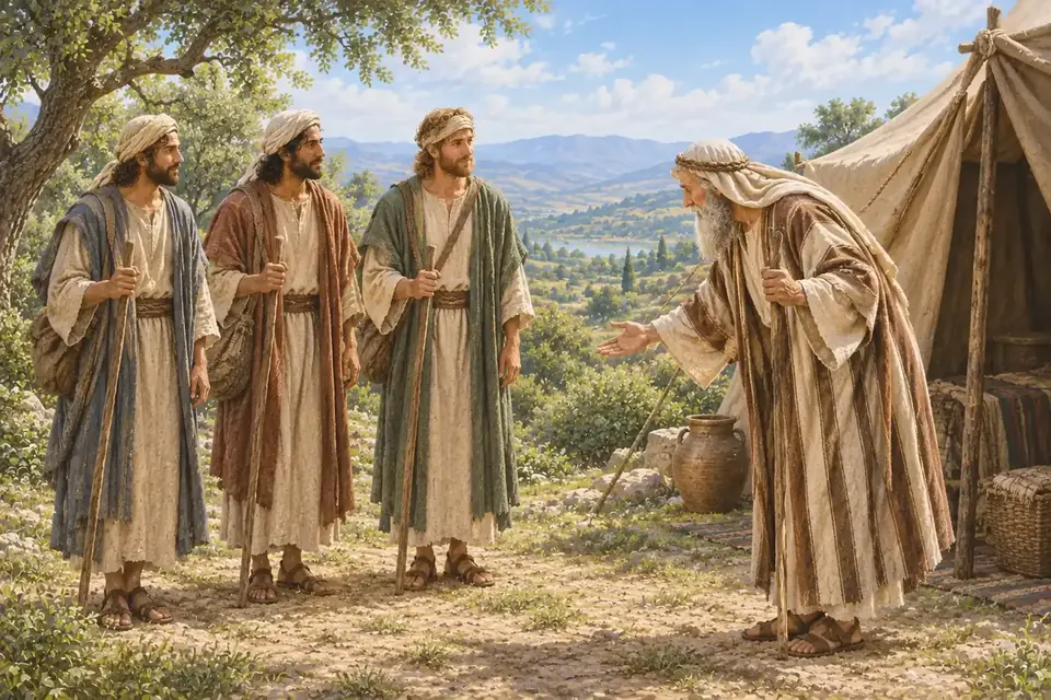 Avraham welcoming three guests to his tent