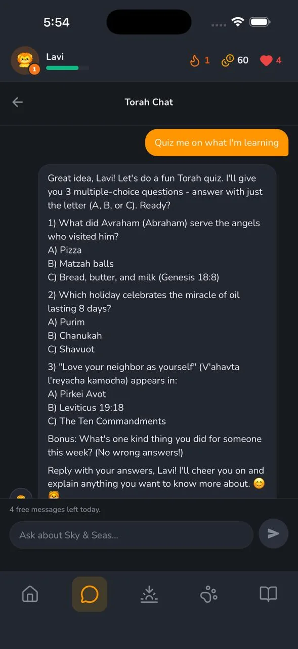 Torah Chat creating a fun quiz in dark mode