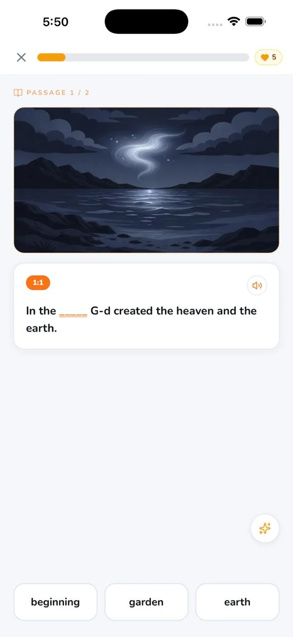 Fill-in-the-blank exercise on Genesis 1:1