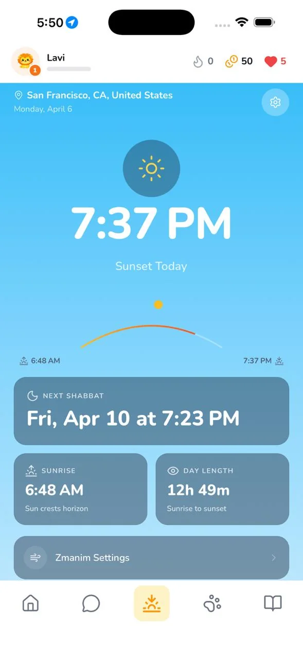 Zmanim screen showing today's sunset and the next Shabbat